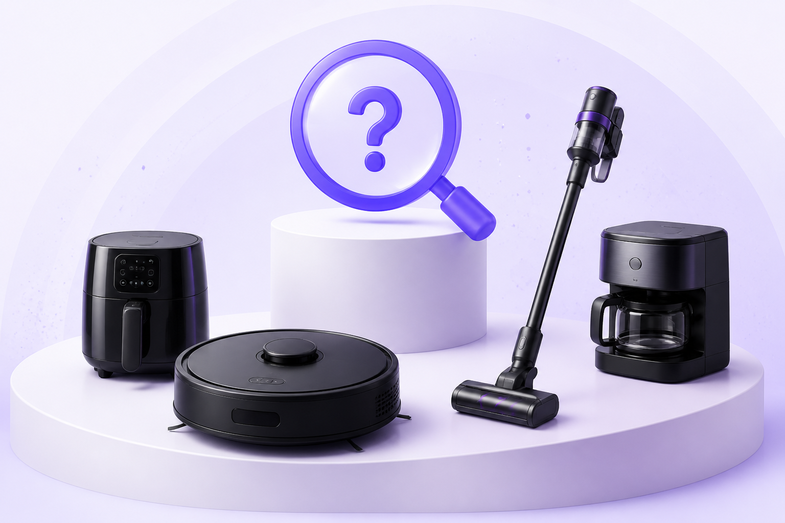 Robot süpürge, dikey süpürge, airfryer ve kahve makinesi ürün sahnesi